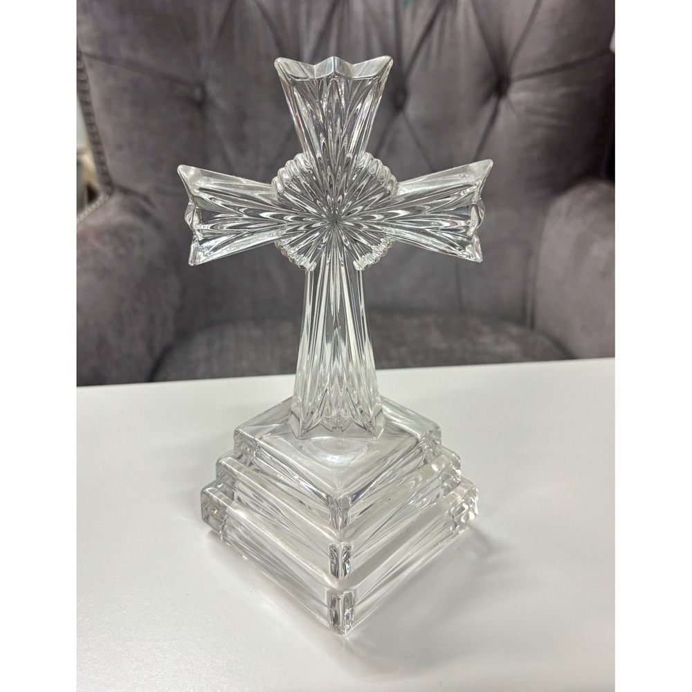 Clear Cut Glass Christian Cross on Pedestal Decorative Religious Home Decor